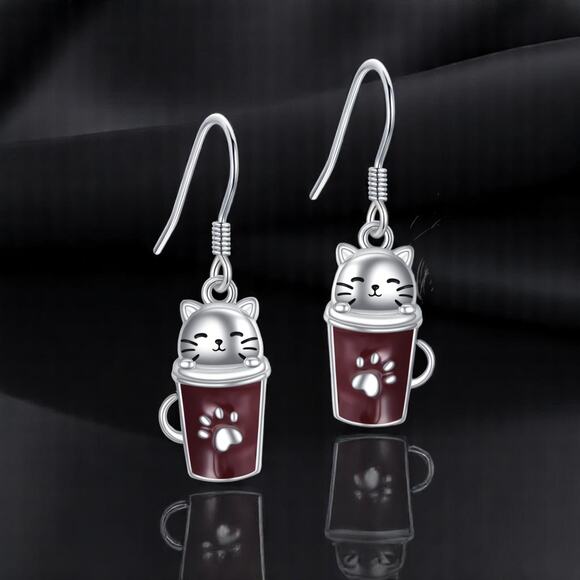 Cat Coffee Cup Earrings – Kawaii Teacup Paw Print Dangle Jewelry, New - Picture 6 of 12